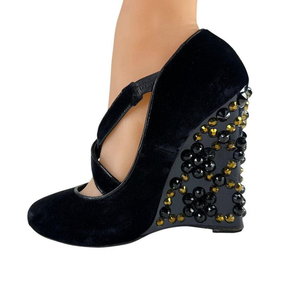 LOUIS VUITTON Wedge Pumps Heel Beaded Velvet Black Size EU 36/US 5.5 Cross Strap - Picture 6 of 17